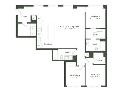 Floor plan for 3 beds, 2 baths, 1426 sqft